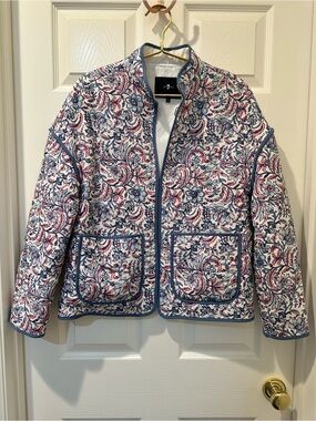 7 For All Mankind Quilted Floral Bomber Jacket in Blue & Pink